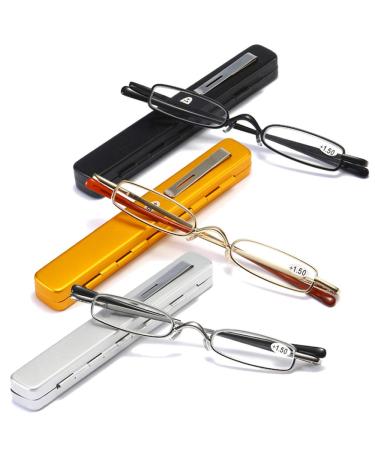 Small Reading Glasses Men Women 3 Pairs Slim Pocket Readers with Pen Clip Metal Case Spring Hinge 2.0 Silver, Black, Gold 2.0 x