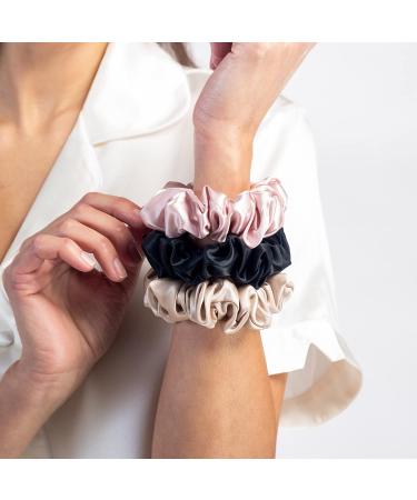 Fishers Finery 25 Momme Silk Large Scrunchies 3 Pack (Black/Pink/Champagne) - 100% Pure Mulberry Silk Hair Ties - Buy Online on GoSupps.com