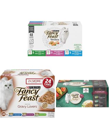 Fancy Feast Wet Cat Food Petites in Gravy Collection & Fancy Feast Wet Cat Food Gravy Lovers Variety Pack 85 g & Fancy Feast Wet Cat Food Elegant Medleys Florentine Wet Cat Food+ Gravy Food+ Wet Cat Food