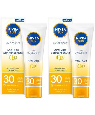 Nivea sun uv face anti-aging sun protection Q10 with SPF 30 (50 ml) moisturizing facial sunscreen anti-wrinkle sunscreen with protection against UVA/ UVB radiation (pack with 2) 50 ml (2-pack) LSF 30