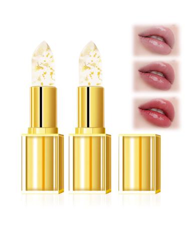 FLLUOUZH 2 Pieces Transferproof Color Changing Lipstick Gold Foil for Women Long Lasting Moisturizing Shiny Lip Gloss Deep Nourishment Transparent Gold Crystal Lipstick