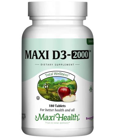Maxi Health Vitamin D3 2000 IU - for Healthy Muscle Function Bone Health and Immune Support 180 Tablets Best Kosher Supplement for Adults 180 Count (Pack of 1) Tablets
