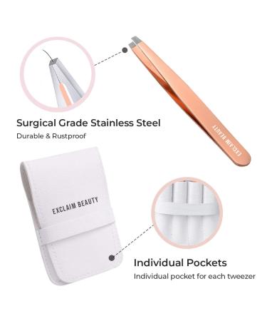 EXCLAIM BEAUTY 4-Piece Stainless Steel Precision Tweezers Set for Men & Women - Eyebrow, Splinter, and Ingrown Hair Removal - Includes Leather Case - Rose Gold - Buy Online on GoSupps.com
