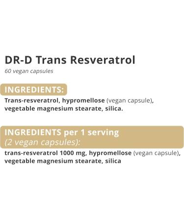  DR-D LONGEVITY DR-D Longevity Trans Resveratrol - 1000mg - Premium Antioxidant - 99% Pure Trans-Resveratrol - High Dosed - 60 Vegan Capsules - Buy Online on GoSupps.com