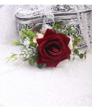 Anglacesmade Bridal Flower Hair Comb Burgundy Dark Red Rose Cream Daisy Eucalyptus Greenery Headpiece for Rustic Wedding Photo Shoot Prom Party Festival - Buy Online on GoSupps.com