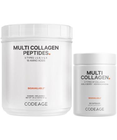 Codeage Multi Collagen Protein Capsules & Multi Collagen Protein Powder Bundle | Multi Collagen Pills Collagen Types I II II V & X 90 Count | Multi Collagen Peptides - Pure Hydrolyzed 20 oz