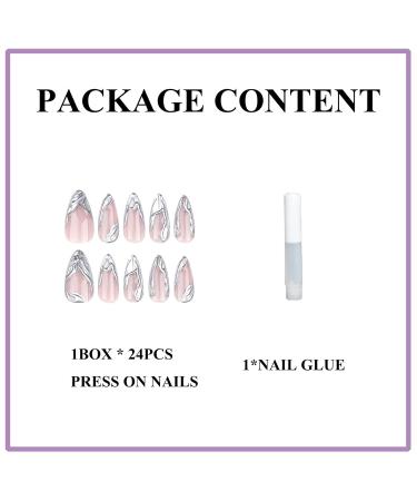 Shop MERVF Medium Press On Nails - 24pcs Almond 3D Silver French Tip Glue-On Goth Stiletto Acrylic Nails with Chrome Design - Buy Online on GoSupps.com
