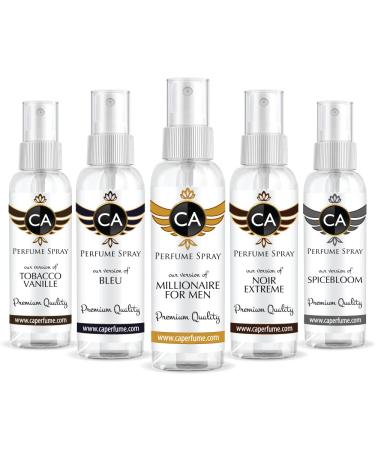 CA Perfume Best Winter Men Set Impression of(Blue +Millionaire for men + Spice Bloom + Tobacco Vanilla + Noir extreme) Fragrance Sample Travel Size Parfum Sprayer (2 Fl Oz/60 ml) x 5