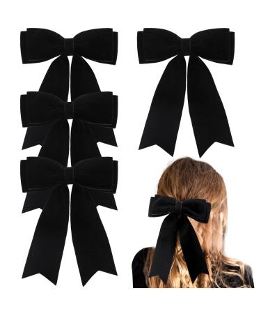 4PCS Velvet Hair Bows for Girls  Black Hair Bow Clips Ponytail long Ribbon Bows Hair Accessories for Women Girls Toddlers Infant (Black)