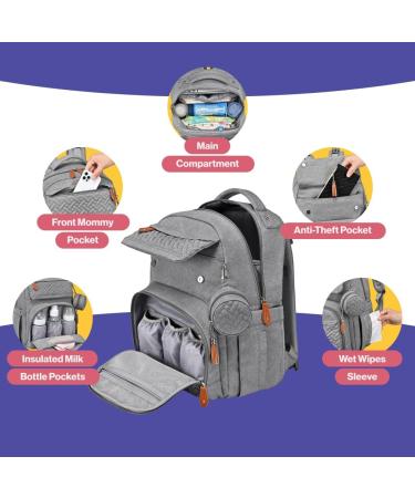 Buy BabbleRoo Large Diaper Bag Backpack - Gray with Changing Mat Pacifier Bag & Stroller Straps | Best International Shipping - Buy Online on GoSupps.com