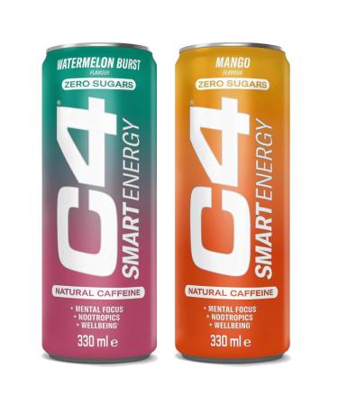 C4 Smart Energy Drink Watermelon Burst Flavor Zero Sugar Mental & Physical Boost 330ml (Pack Of 12 Random Mixed) Random Mixed Pack Of 12