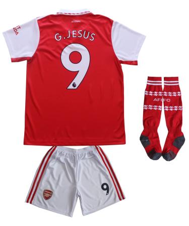 CEKFAX 2022/2023 Arsenal Home #9 Gabriel Jesus Football Soccer Kids Jersey Shorts Socks Set Youth Sizes Red 28 (10-11 Years)