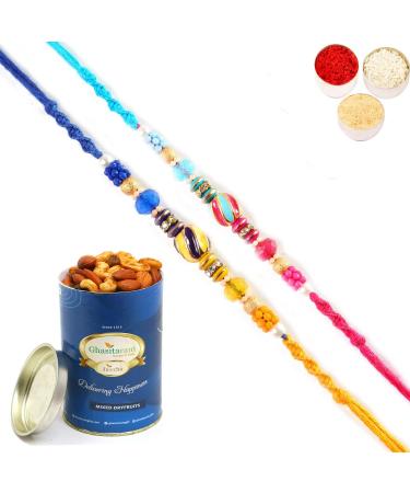 Ghasitaram Gifts Rakhi for Brother Rakhis Online - Set of 2-mbh333a Rakhis with 100 GMS of Dryfruits Mix Can Rakhi with 100 gms of Dryfruits Mix Can