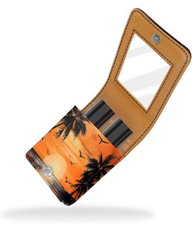 Leather Lipstick Case Organizer with Mirror - Mini Lip Gloss Holder Bag | Tropical Sea Beach Sunset Design - Buy Online on GoSupps.com