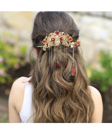 Chinese Hair Accessories for Wedding Red Tassel Gold Hanfu Pins Pearl Flower Hair Pins Hair Chopsticks Hair Styling Vintage Classical Sticks Long Tassel Chinese Hair Jewelry Accessories - Buy Online on GoSupps.com