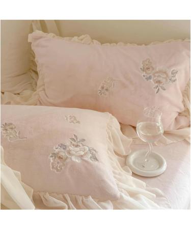 Rose Flowers Embroidery Romantic French Lace Ruffles Bedding Set Plush Warmth Velvet Fleece Duvet Cover Set Bed Sheet Pillowcase Bedding Set (Pink Flat Sheet Style_Queen) - Buy Online on GoSupps.com