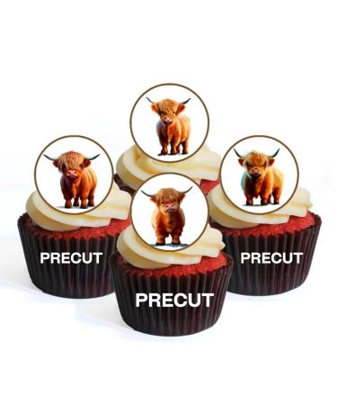 PRECUT Highland Cow Edible Cupcake Toppers - Scottish Theme Premium Thickness SWEETENED VANILLA - wafer card disc cake decorations (Pack of 12)