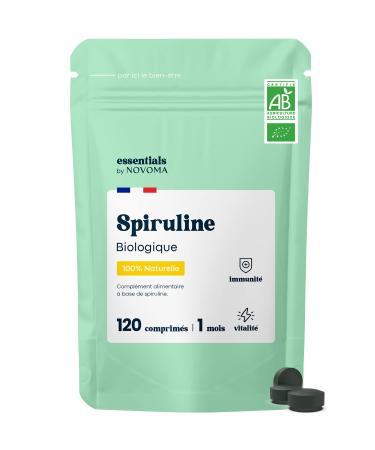 Organic Spirulina 500 mg Pure and Natural 1 Month Cure Reduces Fatigue Promotes Immunity 120 Vegan Tablets Rich in Protein and Phycocyanin Essentials by Novoma