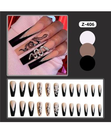 French Tip Press on Nails - Long T Press On Nails with Nail Tips Black V Double Snake Flash diamond False Nail French Shining Powder Design press on nails Acrylic False Nails Cute Artificial Nails - Buy Online on GoSupps.com