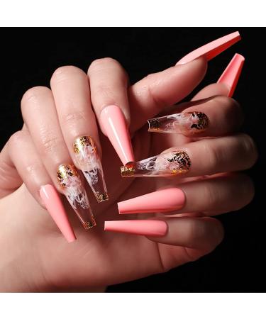 Sethexy long ballerina false nail shiny coffin false fingernails gold sparkle nails with glue 24st bling acrylic press nail tips for women and girls (pink)