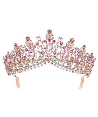 Royal Rhinestone Crystal Queen Tiara Headband Wedding Pageant Birthday Party Crowns Princess Headpieces for Women Girls (Rose Gold Pink)