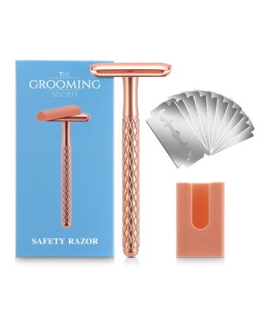 Double Edge Safety Razor for Women with Silicone Cover & 10 Blades Single Blade Safety Razor for Travel Metal Eco-Friendly Reusable Razor for Shaving (Rose Gold)