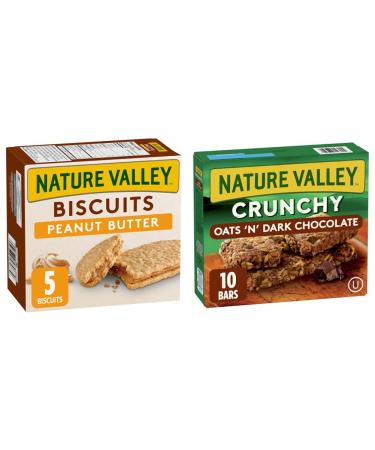 NATURE VALLEY Biscuits Peanut Butter 5 Count 190 Gram (packaging may vary) & Crunchy Granola Bar Oats and Dark Chocolate 210g