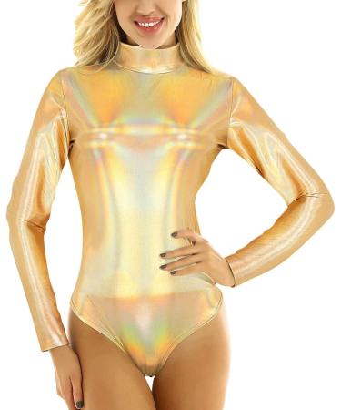 Elegant Women's Metallic Ballet Jersey Dance Body Suit - Long Sleeve Shiny Gymnastics Wear - Buy Online on GoSupps.com