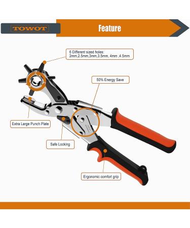 TOWOT Upgraded Leather Belt Hole Puncher Kit - Heavy Duty Rotary Punch for Belts, Saddles, Shoes, Fabric - 6 Holes, Orange - Buy Online on GoSupps.com