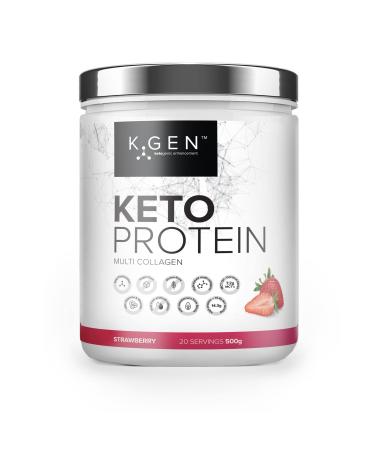 K-GEN Keto Collagen Protein Powder Advanced Strawberry Diet Multi Collagen Blend Coconut MCT Vitamin C+B6 with Stevia | UK Made for Keto & Paleo | Low Carb Zero Sugar & Gluten Strawberry 500g 500 g (Pack of 1)