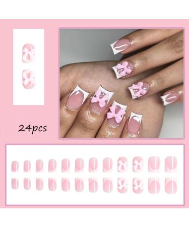 White French Tip Press on Nails with Pink Bow | Short Square Glue on Acrylic Manicure Art | 24 Pcs Glossy Nude Pink Fake Nails for Women & Girls - Buy Online on GoSupps.com