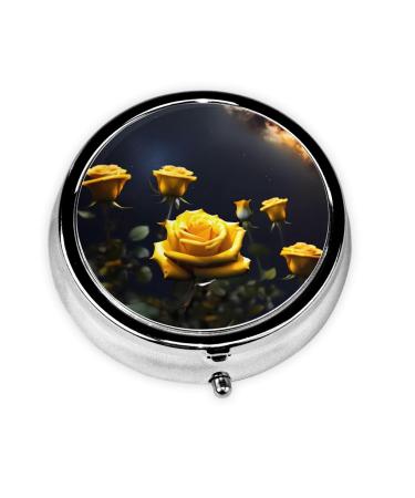 Beautiful Yellow Rosesround Pill Box 3 Compartment Round Pill Box Organizer Portable Travel Pill Box for Traveling.