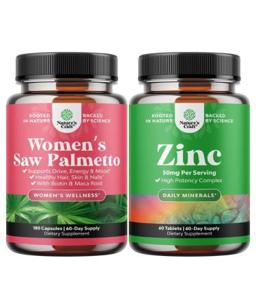 Bundle of Extra Strength Saw Palmetto for Women with Maca Root & Biotin for Stronger Healthier Looking Hair and Zinc 50mg Immune Support Supplement - Enhance Hair Skin and Nails Vitamins for Adults