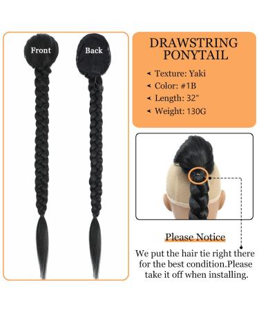 32 Inch Braided Ponytail Extension for Black Women | Yaki Straight Drawstring Clip On | Synthetic Hair Natural Black 1B - 130g - Buy Online on GoSupps.com