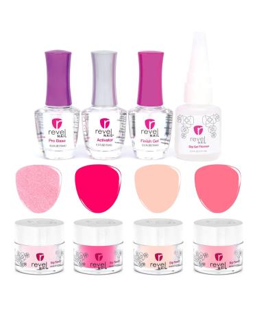 Revel Nail Dip Powder Starter Kit, Pretty in Pink (4 Colors) with Base Pro, Activator, & Top Coat for DIY Home Salon Manicure, No Lamp Needed