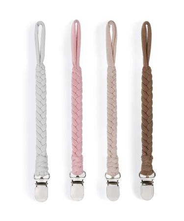 Pacifier Clip Holder for Boy and Girl Universal Handmade Braided Rope Paci Clip Easy to Use 4 Pack (White)