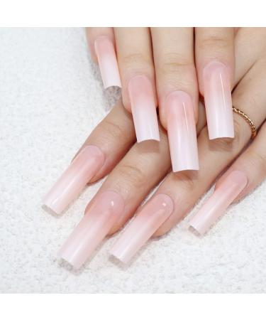 IMSOHOT Glossy Square Press on Nails Extra Long Gradient Pink Fake Nails Squova Nude False Nails Acrylic Glue on Nails for Women and Girls DIY C-001