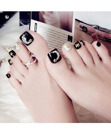 Sethexy 3D Bling Black Toenail Tips - 24 PCS Complete Cover Acrylic Moon Star Square Art for Women & Girls - Buy Online on GoSupps.com