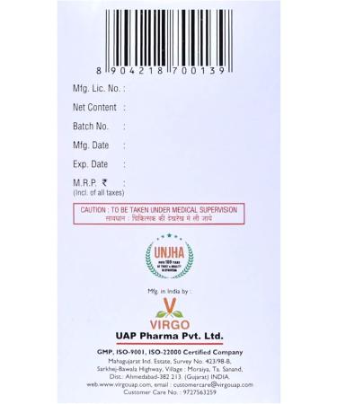 Virgo Rajocap Tablets (A Product by Unjha Ayurvedic Pharmacy - Virgo UAP) - With Goodness of Aloe Vera Juice Shudhdha Hing Shudhdha Suhaga Kasis Bhasma Dalchini Dashamool Kwath Punarnava Kwath - Buy Online on GoSupps.com