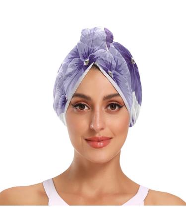 White Violet Pansy Flowers Hair Towel 2 Pack Super Absorbent Hair Drying Towel Quick Dry Hair Turbans Head Towel with Button Twisty Wrap for Women Girls