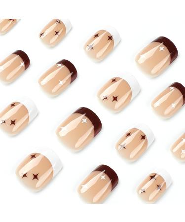 24Pcs Square Press On Nails Kit with Glue & DIY Tools - Short French False Nails with Star Design - For Women Girls - Removable and Full Cover - Buy Online on GoSupps.com