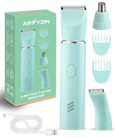 AREYZIN Waterproof Bikini Trimmer Women Electric Razor for Women with Snap-in Ceramic Blades IP7X Washable Head Wet and Dry Use Green