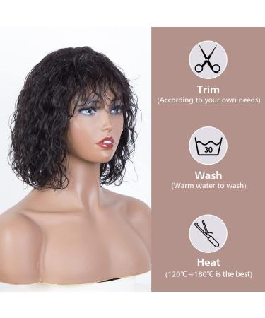 FASHION IDOL 10 Bob Curly Human Hair Wig with Bangs - Brazilian Virgin Human Hair Short Water Wave Wig for Black Women - 150% Density - Natural Black 10 Inch - Buy Online on GoSupps.com