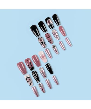 Long Coffin Press On Nails - Black Pink Star Love Pearl Design | 24pcs Full Cover Gel Nail Kit for Women - Buy Online on GoSupps.com