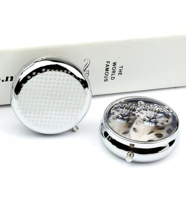 Round Blue Eyed Snow Leopard Pill Box - 3 Compartment Metal Organizer | Portable Decorative Pill Case - Buy Online on GoSupps.com