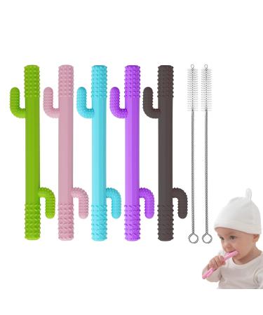 Hollow Teether Tubes 5 Pack Chew Straw Toy with 2 Brushes Windolphin Teething Toys for Babies 0-12 Months Baby Molar Toy Free BPA Dishwasher and Freezer Safe Cactus