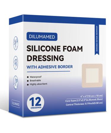 DILUMAMED Silicone Foam Dressing 4x4(Pack of 12) Foam Wound Dressing for Bed Sore Pressure Sore Leg Ulcer Diabetic Foot Wound Care