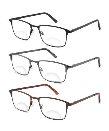 3 Pack Bifocal Reading Glasses for Men Blue Light Blocking Computer Readers Anti UV Ray/Eye Strain/Glare Wide Metal Frame Eyeglasses with Pouches(200 Magnification Strength) Black Gun Brown 2.0x