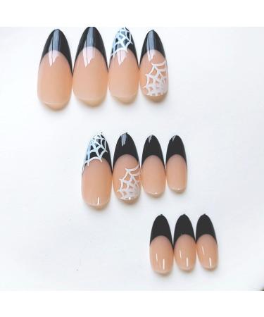 French Tip Press on Nails - Almond Shape Full Cover Acrylic | Halloween Spider Web Design - Glossy Stick-On Nails for Women/Girls - Buy Online on GoSupps.com