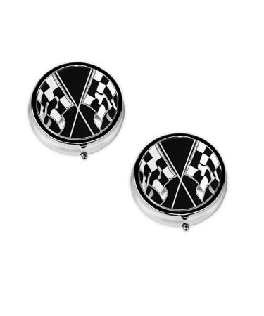 Black White Formula Checkered Flags Pattern Printed Mini Round Pill Box Pill Box 3 Compartment Medicine Pill Case Pill Organizer Travel Pillbox Portable Pill Box for Pocket Home Office Use